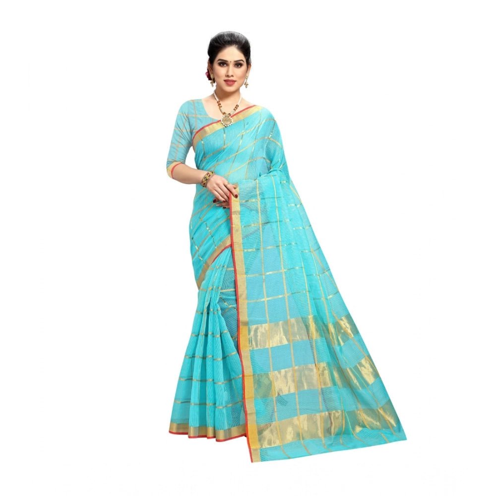 Women's Kota Doria Cotton Saree With Blouse (Sky Blue,6 - 3 Mtrs) - ElegantAlpha