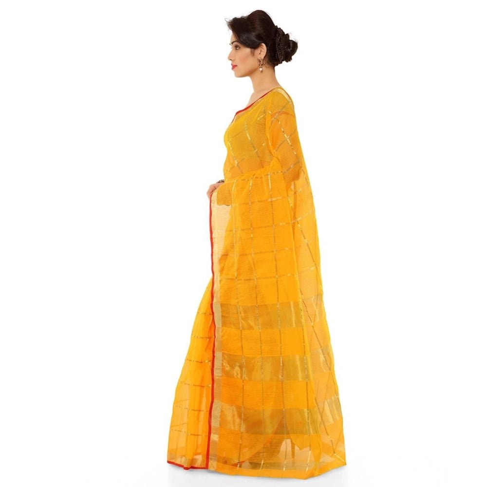 Women's Kota Doria Cotton Saree With Blouse (Yellow,6 - 3 Mtrs) - ElegantAlpha