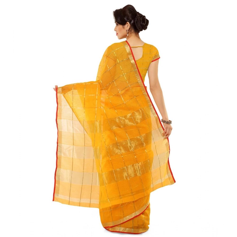 Women's Kota Doria Cotton Saree With Blouse (Yellow,6 - 3 Mtrs) - ElegantAlpha