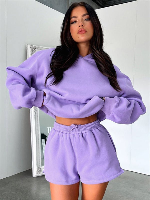 Women's new fashion loose solid color sweatshirt shorts set - ElegantAlpha