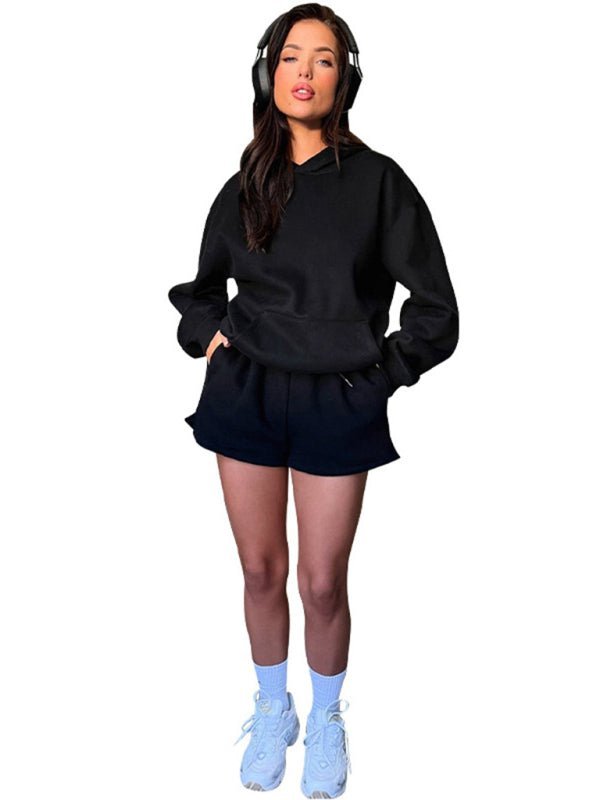 Women's new fashion loose solid color sweatshirt shorts set - ElegantAlpha