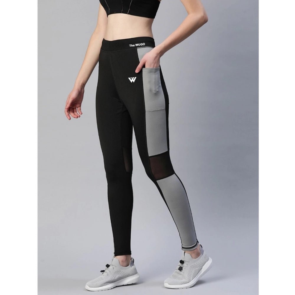 Women's Polyster Solid Sport Leggings (Black &amp; Grey) - ElegantAlpha