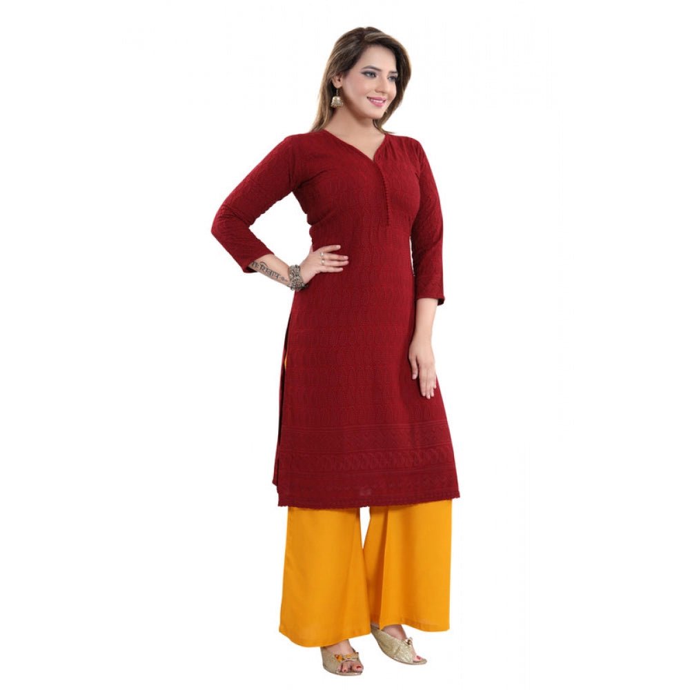 Women's Rayon Embroidered Straight Kurti - Maroon - ElegantAlpha