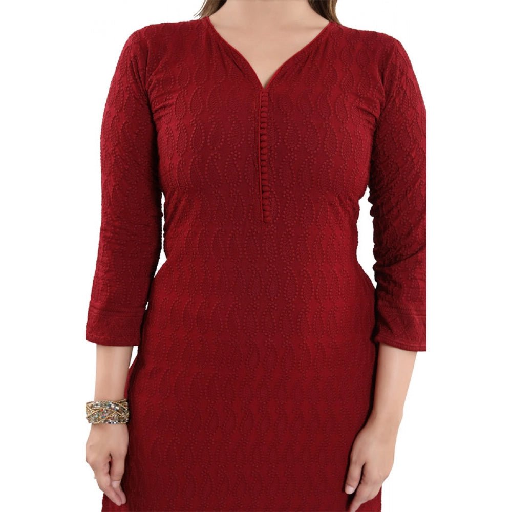 Women's Rayon Embroidered Straight Kurti - Maroon - ElegantAlpha