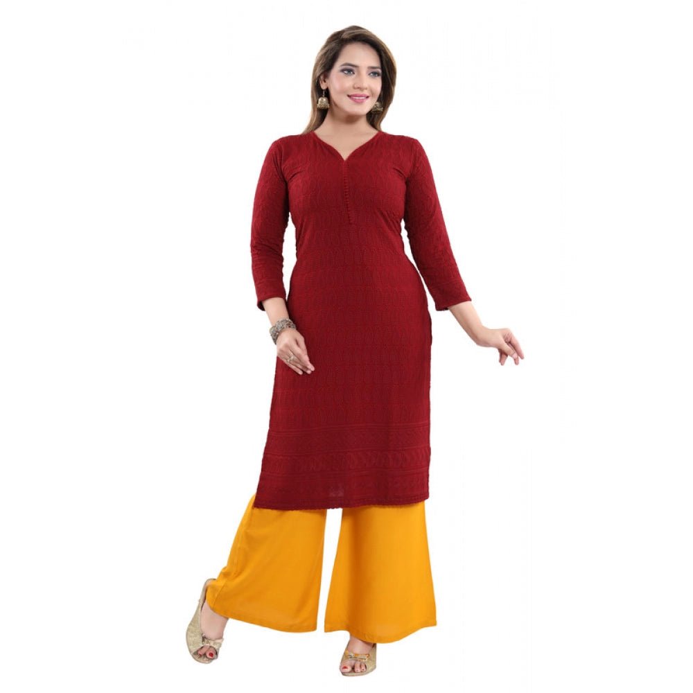 Women's Rayon Embroidered Straight Kurti - Maroon - ElegantAlpha