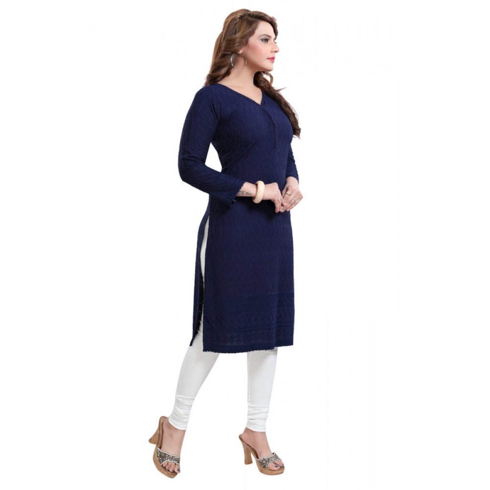 Women's Rayon Embroidered Straight Kurti - Navy Blue - ElegantAlpha