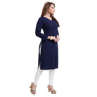 Women's Rayon Embroidered Straight Kurti - Navy Blue - ElegantAlpha