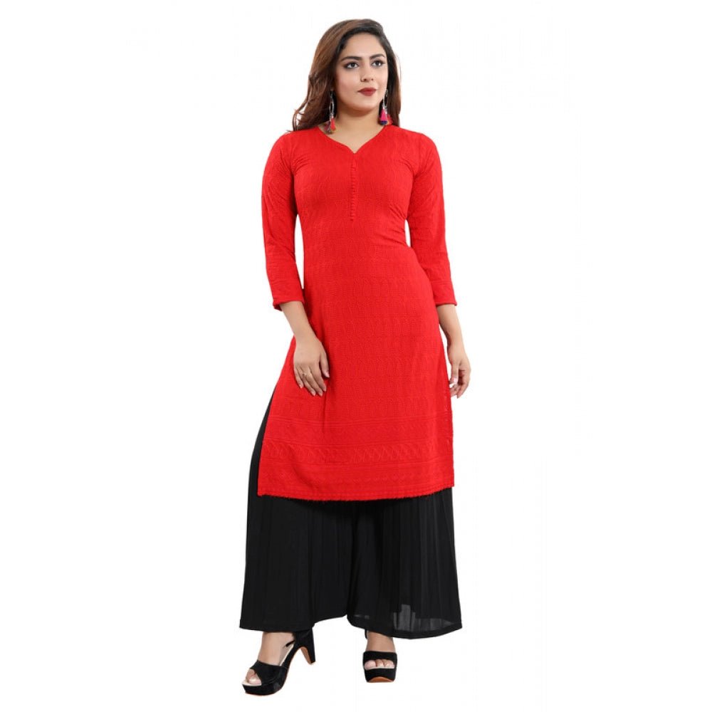 Women's Rayon Embroidered Straight Kurti - Red - ElegantAlpha