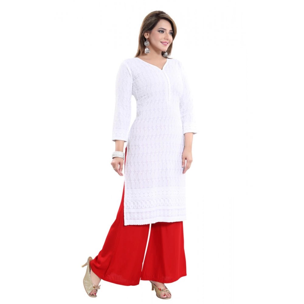 Women's Rayon Embroidered Straight Kurti - White - ElegantAlpha