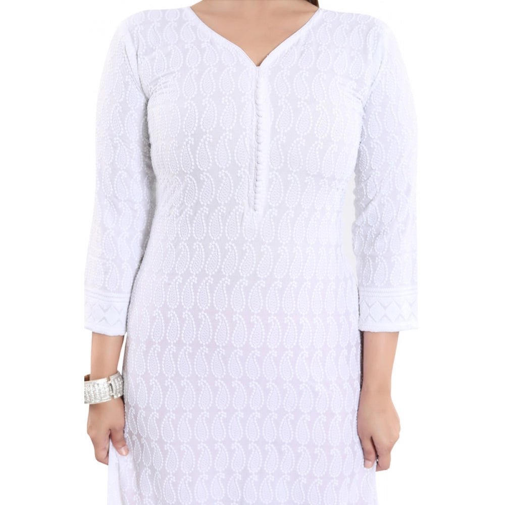 Women's Rayon Embroidered Straight Kurti - White - ElegantAlpha