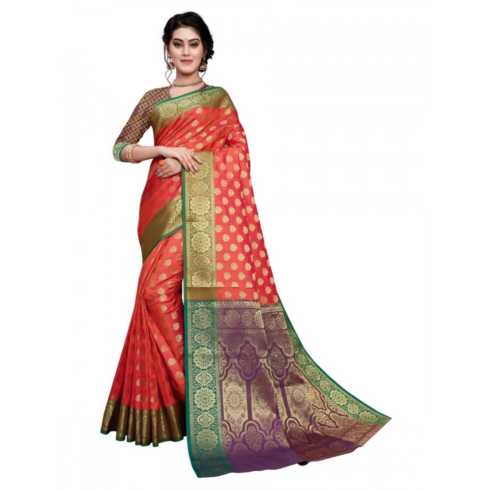 Women's Sana Silk Jacquard Saree With Blouse (Orange, 5 - 6 Mtrs) - ElegantAlpha