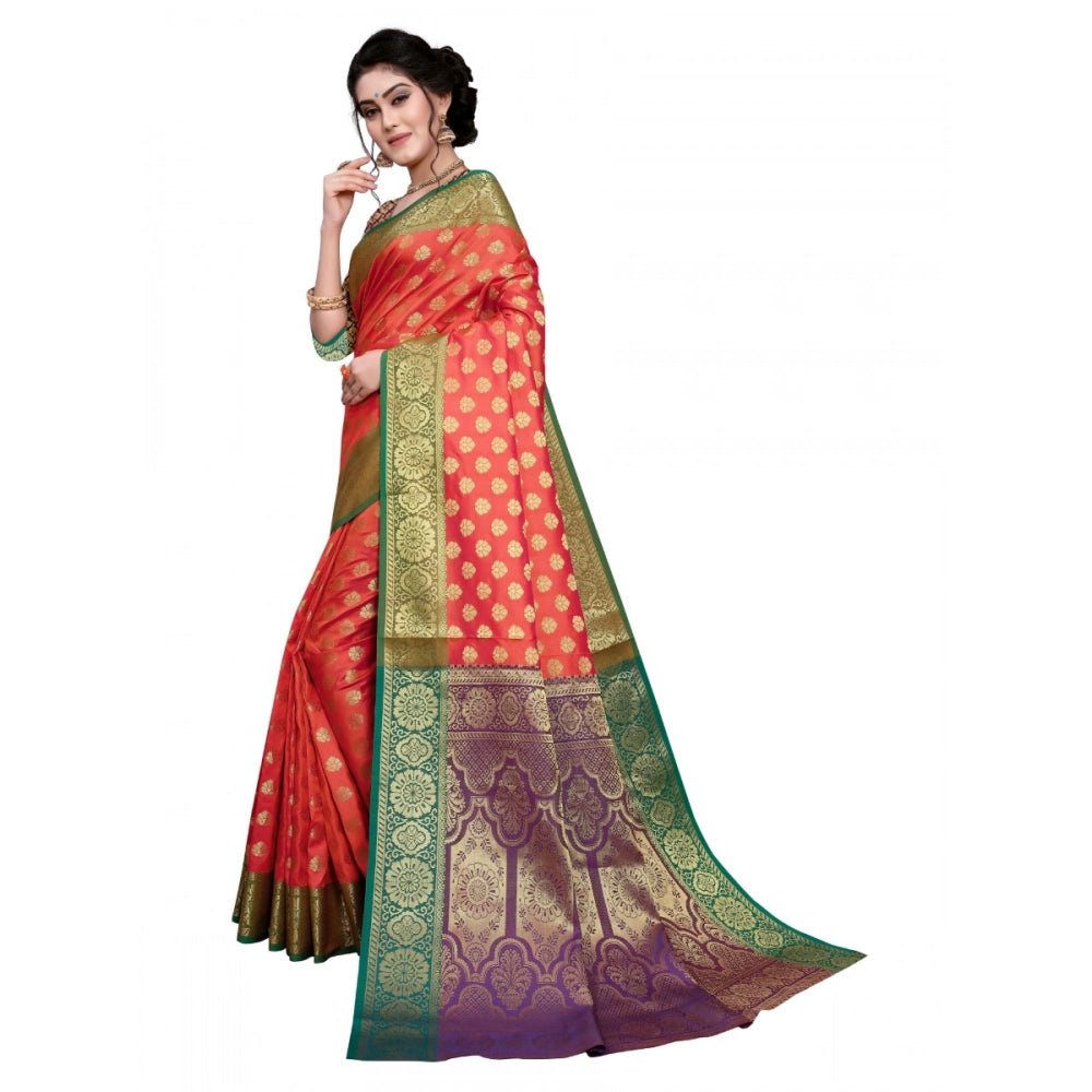 Women's Sana Silk Jacquard Saree With Blouse (Orange, 5 - 6 Mtrs) - ElegantAlpha