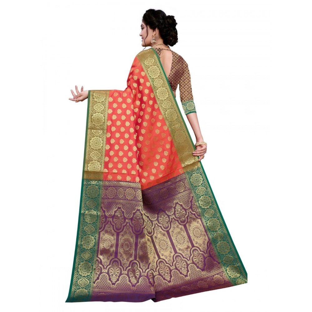 Women's Sana Silk Jacquard Saree With Blouse (Orange, 5 - 6 Mtrs) - ElegantAlpha