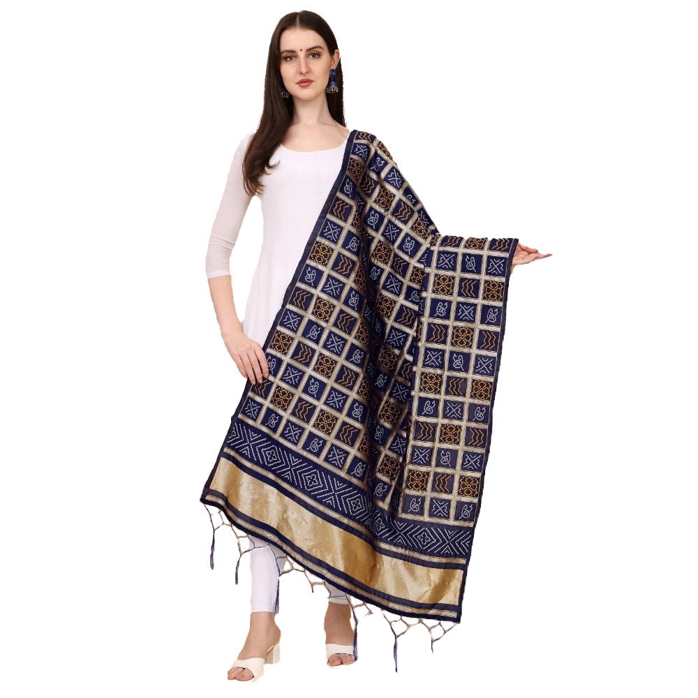 Women's Silk Pure weaving Work Duppatta (Navy Blue, Length: 2 - 2.3 Mtrs) - ElegantAlpha