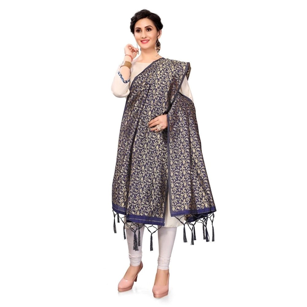 Women's Silk Pure weaving Work Duppatta (Navy Blue, Length: 2 - 2.3 Mtrs) - ElegantAlpha