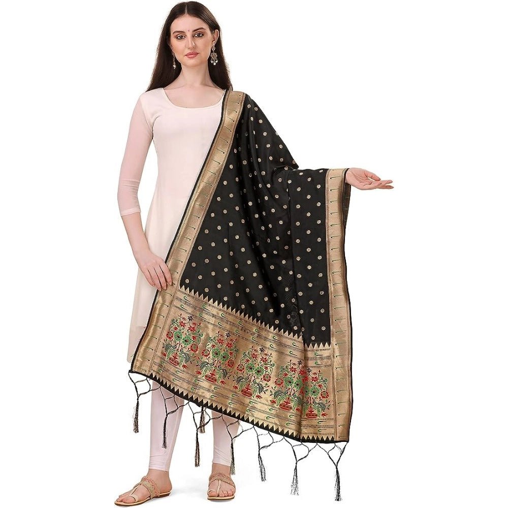 Women's Silk Pure Zari weaving Duppatta (Black, Length: 2 - 2.3 Mtrs) - ElegantAlpha