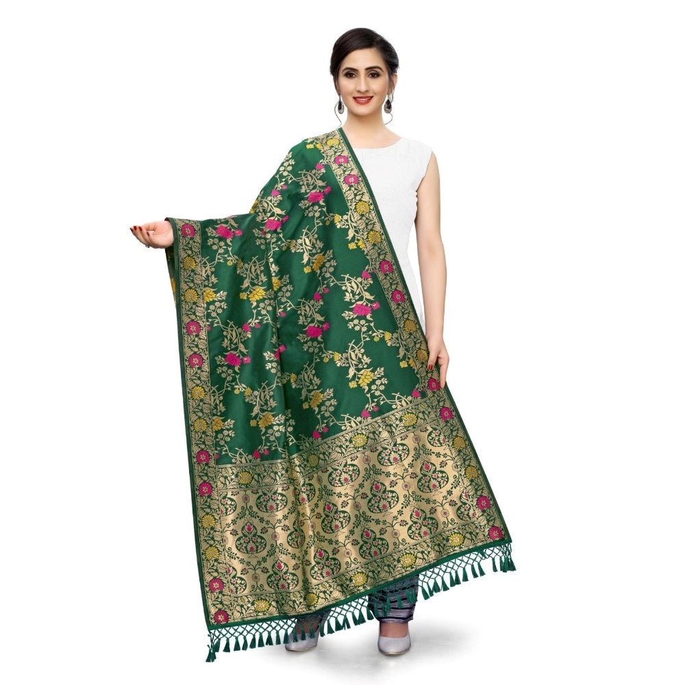 Women's Silk Pure Zari weaving Duppatta (Green, Length: 2 - 2.3 Mtrs) - ElegantAlpha