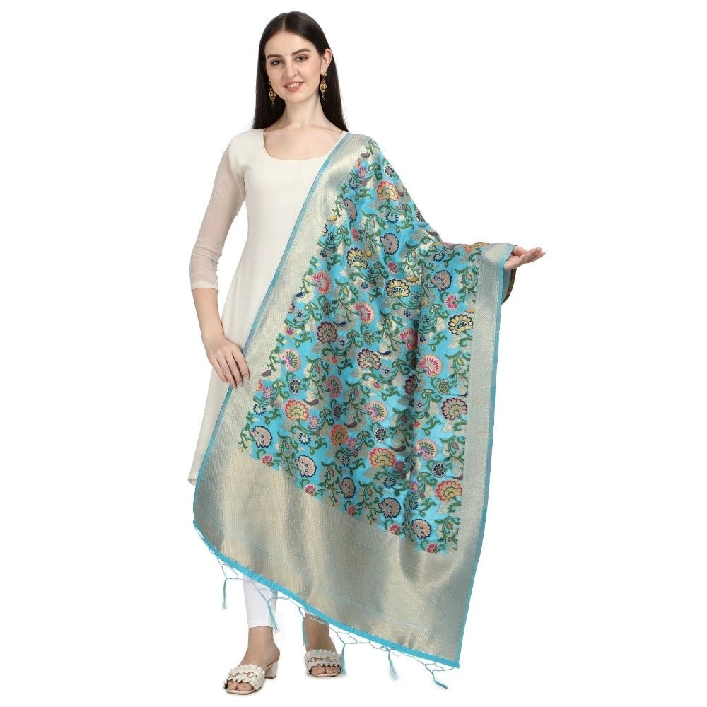 Women's Silk Pure Zari weaving Duppatta (Light Blue, Length: 2 - 2.3 Mtrs) - ElegantAlpha