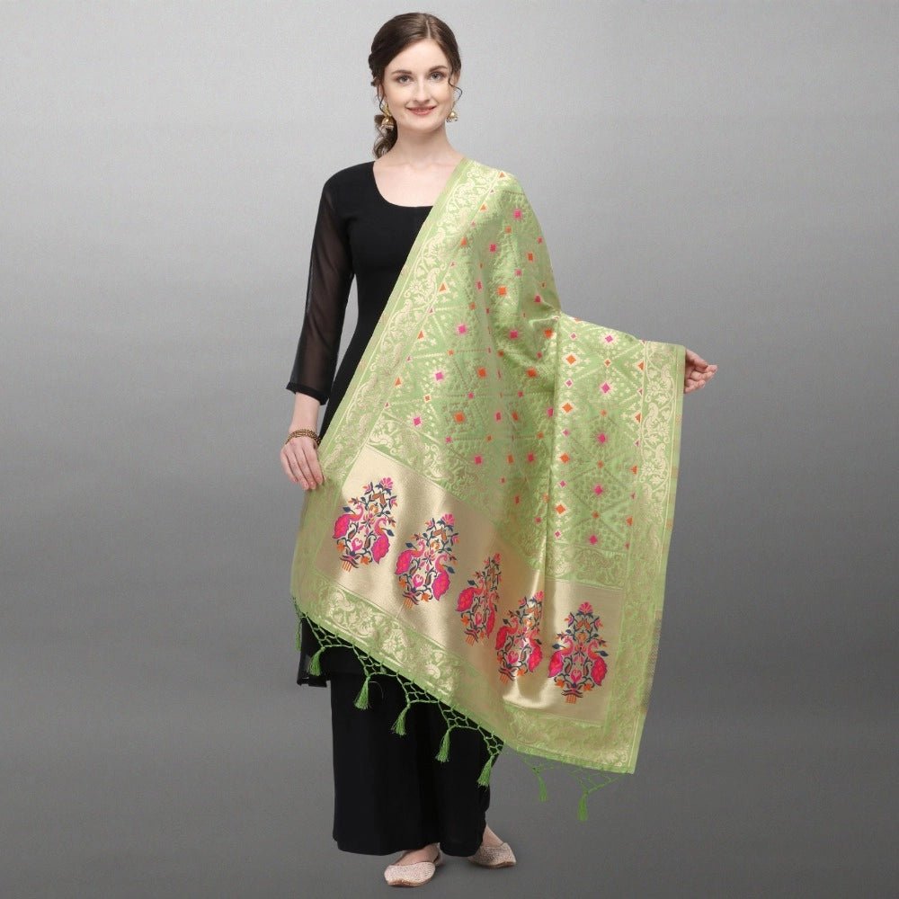 Women's Silk Pure Zari weaving Duppatta (Light Green, Length: 2 - 2.3 Mtrs) - ElegantAlpha