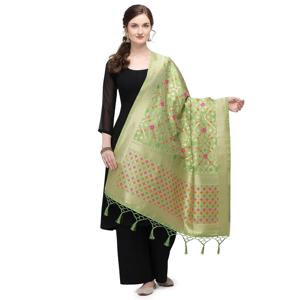 Women's Silk Pure Zari weaving Duppatta (Light Green, Length: 2 - 2.3 Mtrs) - ElegantAlpha