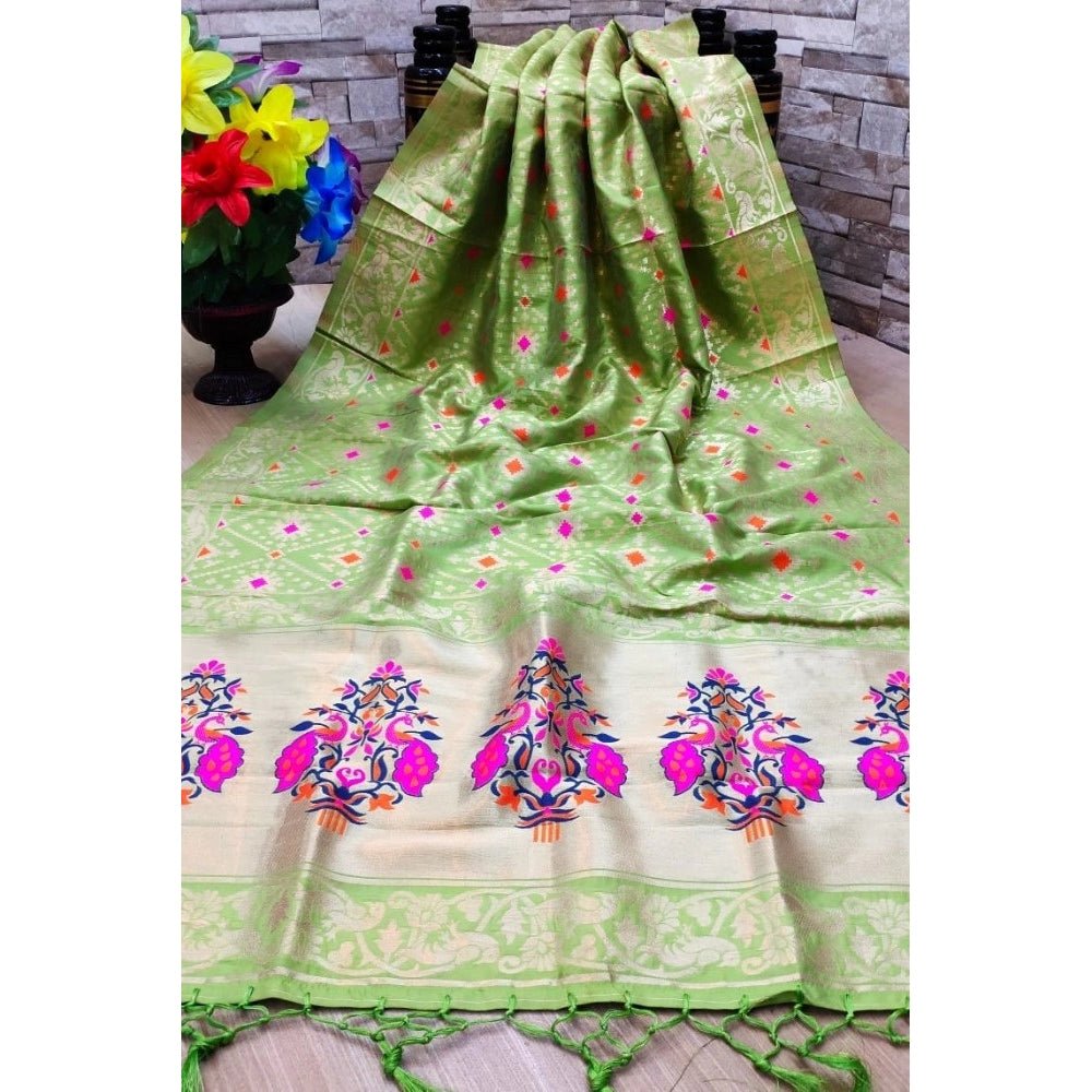 Women's Silk Pure Zari weaving Duppatta (Light Green, Length: 2 - 2.3 Mtrs) - ElegantAlpha