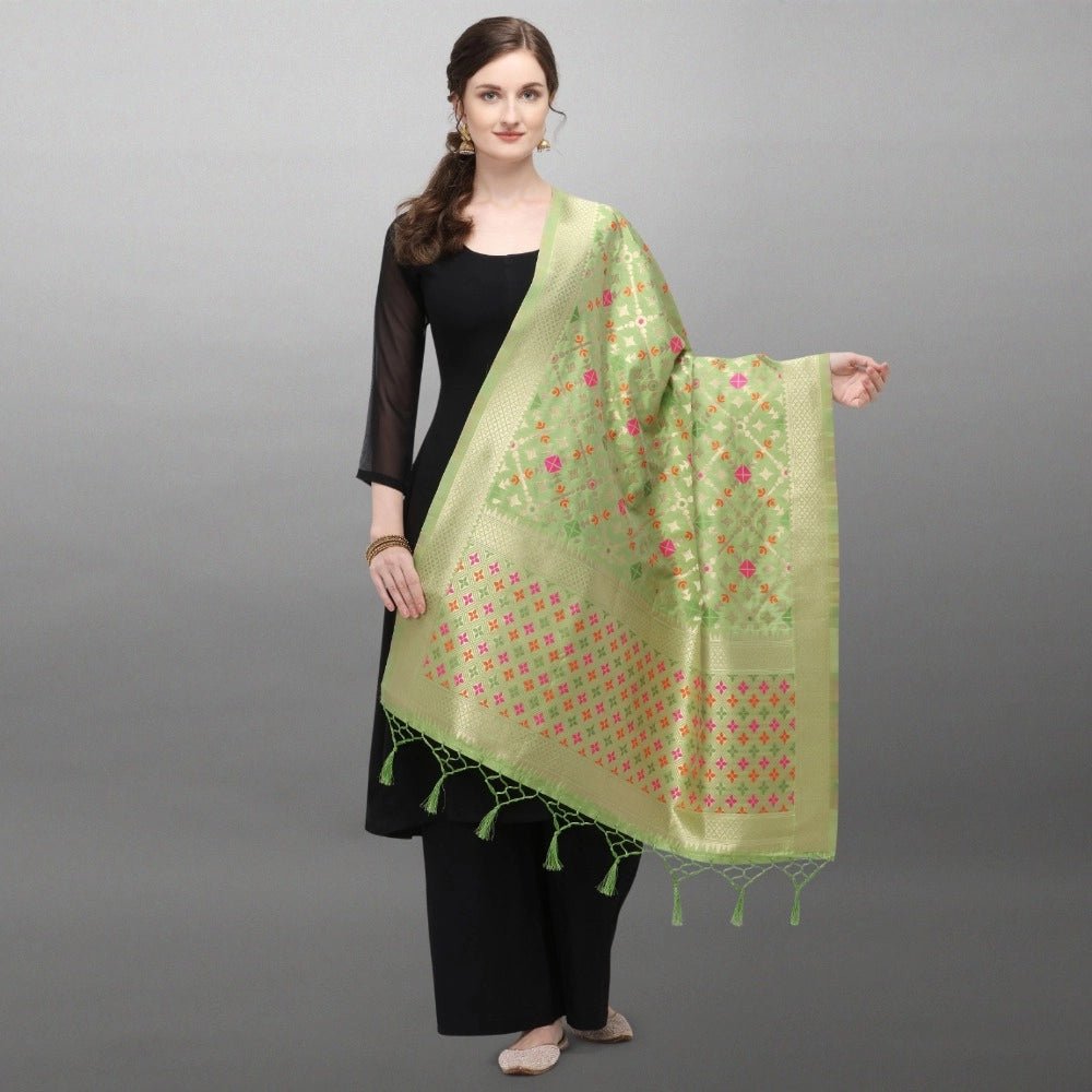 Women's Silk Pure Zari weaving Duppatta (Light Green, Length: 2 - 2.3 Mtrs) - ElegantAlpha