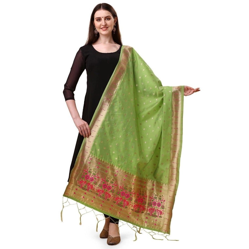 Women's Silk Pure Zari weaving Duppatta (Light Green, Length: 2 - 2.3 Mtrs) - ElegantAlpha