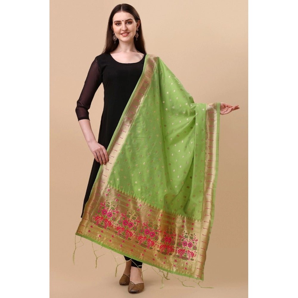 Women's Silk Pure Zari weaving Duppatta (Light Green, Length: 2 - 2.3 Mtrs) - ElegantAlpha