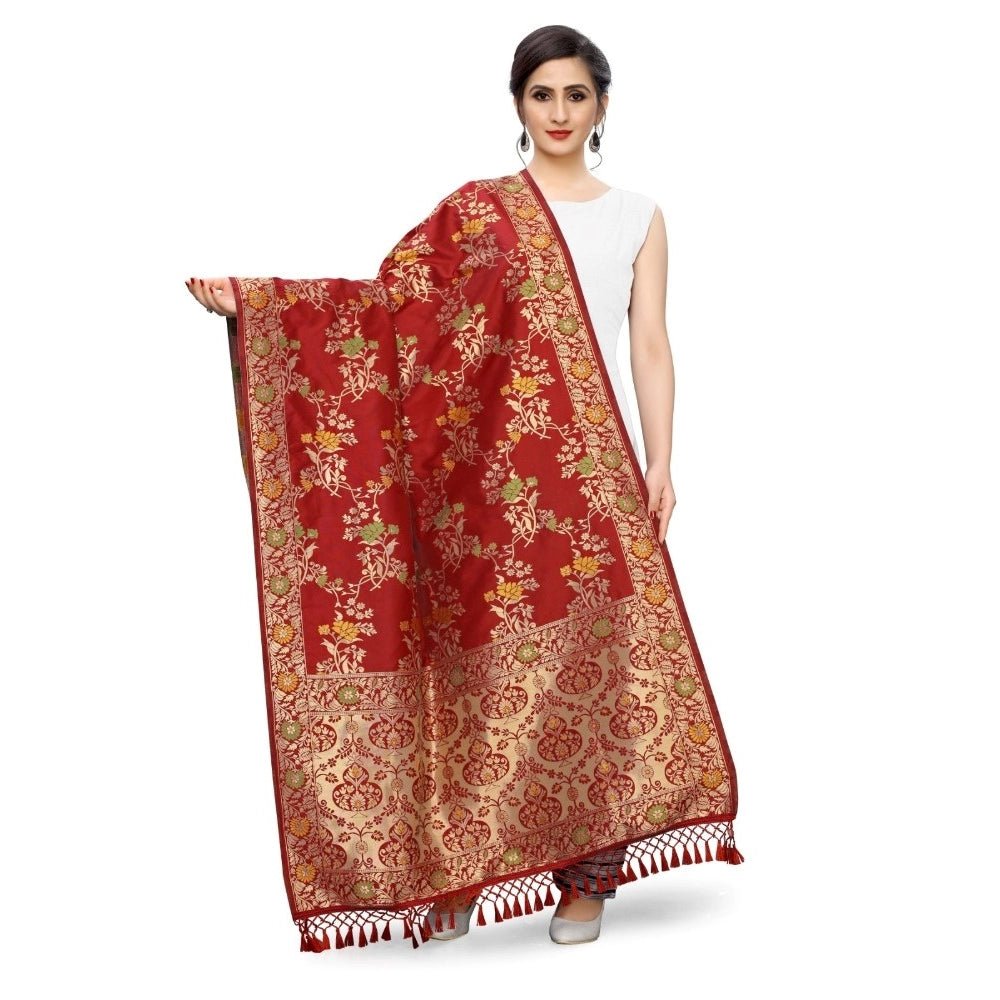 Women's Silk Pure Zari weaving Duppatta (Maroon, Length: 2 - 2.3 Mtrs) - ElegantAlpha