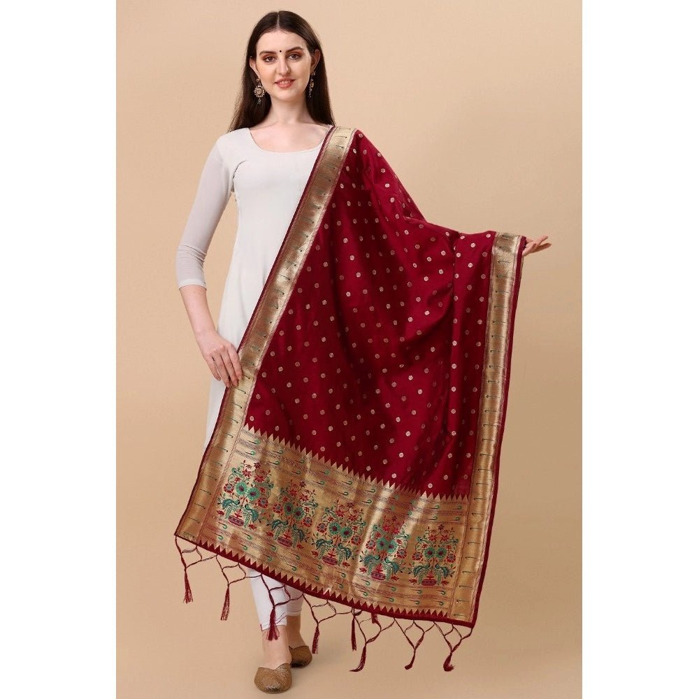 Women's Silk Pure Zari weaving Duppatta (Maroon, Length: 2 - 2.3 Mtrs) - ElegantAlpha