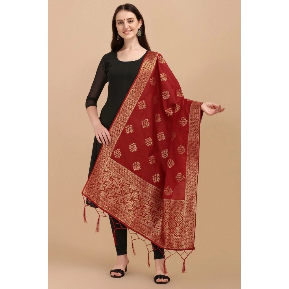 Women's Silk Pure Zari weaving Duppatta (Maroon, Length: 2 - 2.3 Mtrs) - ElegantAlpha