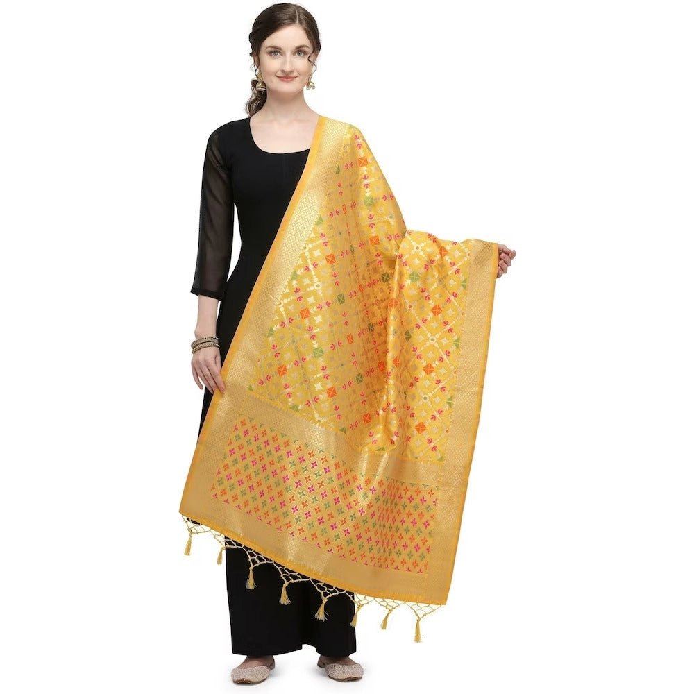 Women's Silk Pure Zari weaving Duppatta (Mustard Yellow, Length: 2 - 2.3 Mtrs) - ElegantAlpha