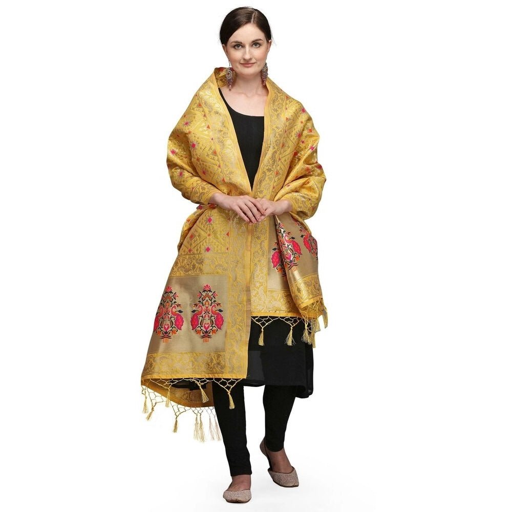 Women's Silk Pure Zari weaving Duppatta (Mustard Yellow, Length: 2 - 2.3 Mtrs) - ElegantAlpha