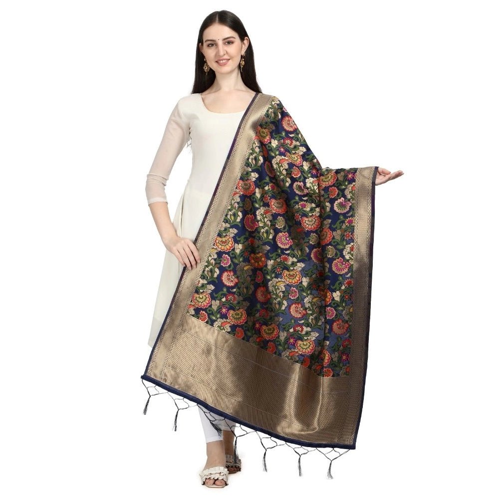 Women's Silk Pure Zari weaving Duppatta (Navy Blue, Length: 2 - 2.3 Mtrs) - ElegantAlpha