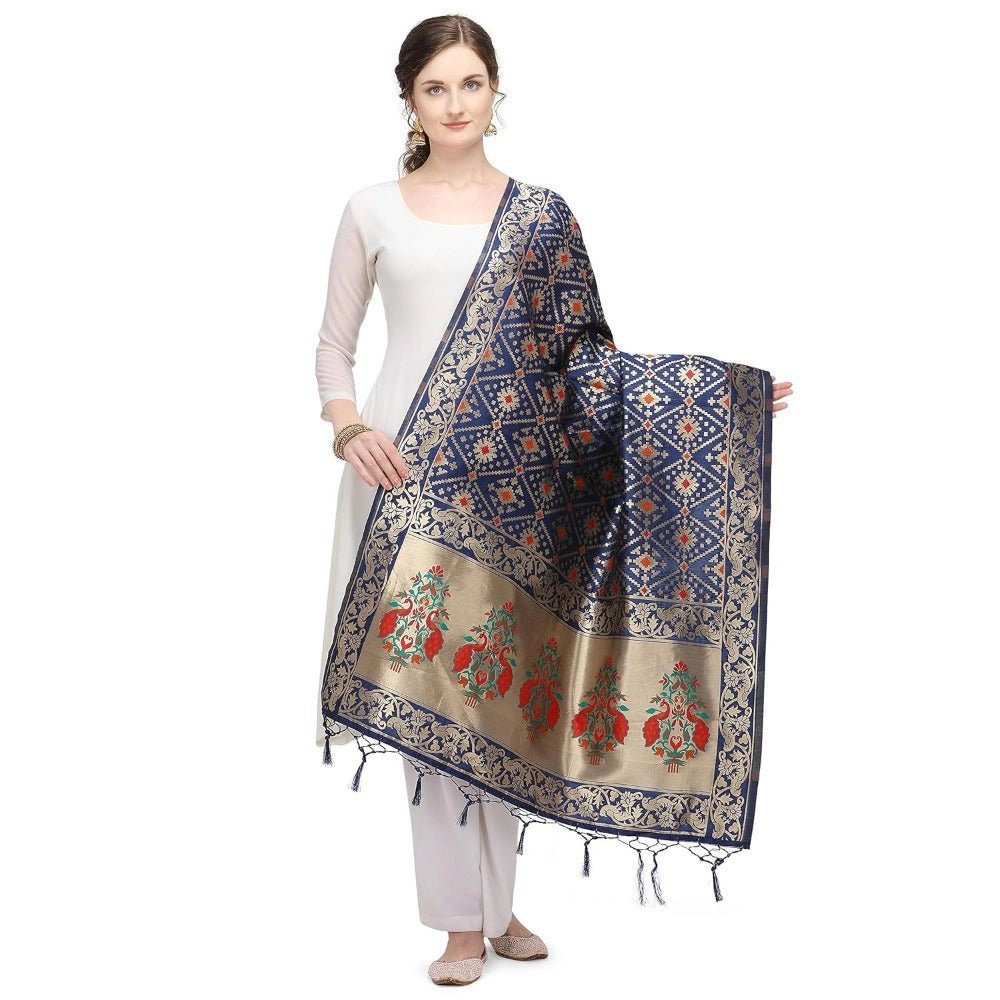 Women's Silk Pure Zari weaving Duppatta (Navy Blue, Length: 2 - 2.3 Mtrs) - ElegantAlpha