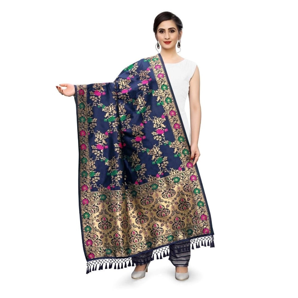 Women's Silk Pure Zari weaving Duppatta (Navy Blue, Length: 2 - 2.3 Mtrs) - ElegantAlpha