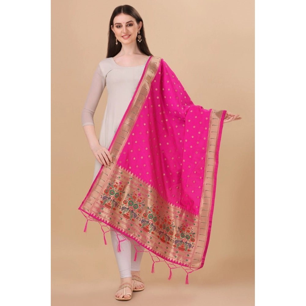 Women's Silk Pure Zari weaving Duppatta (Pink, Length: 2 - 2.3 Mtrs) - ElegantAlpha