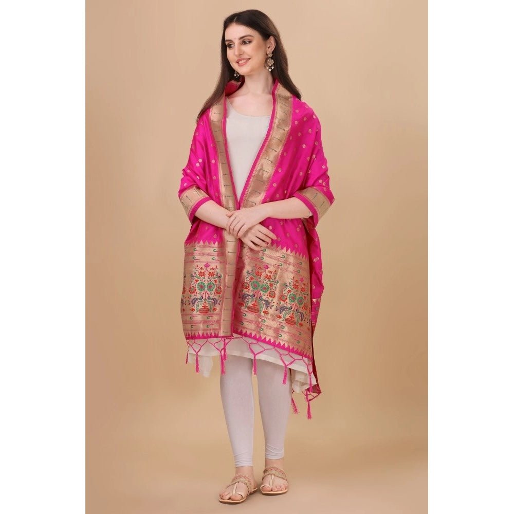 Women's Silk Pure Zari weaving Duppatta (Pink, Length: 2 - 2.3 Mtrs) - ElegantAlpha