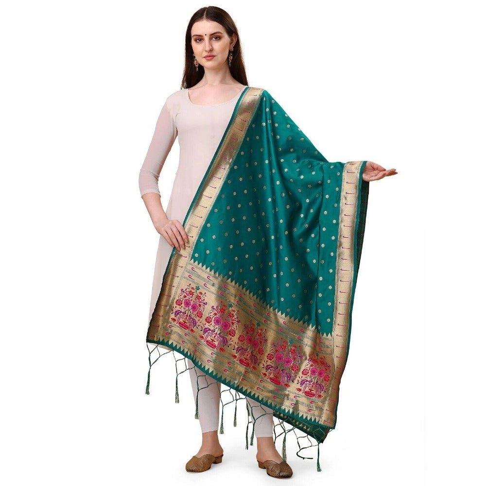 Women's Silk Pure Zari weaving Duppatta (Rama, Length: 2 - 2.3 Mtrs) - ElegantAlpha