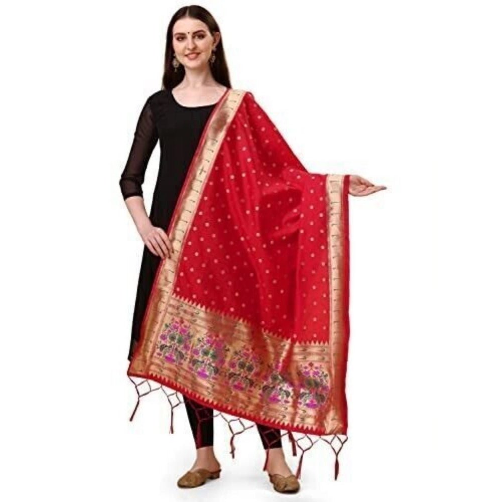 Women's Silk Pure Zari weaving Duppatta (Red, Length: 2 - 2.3 Mtrs) - ElegantAlpha