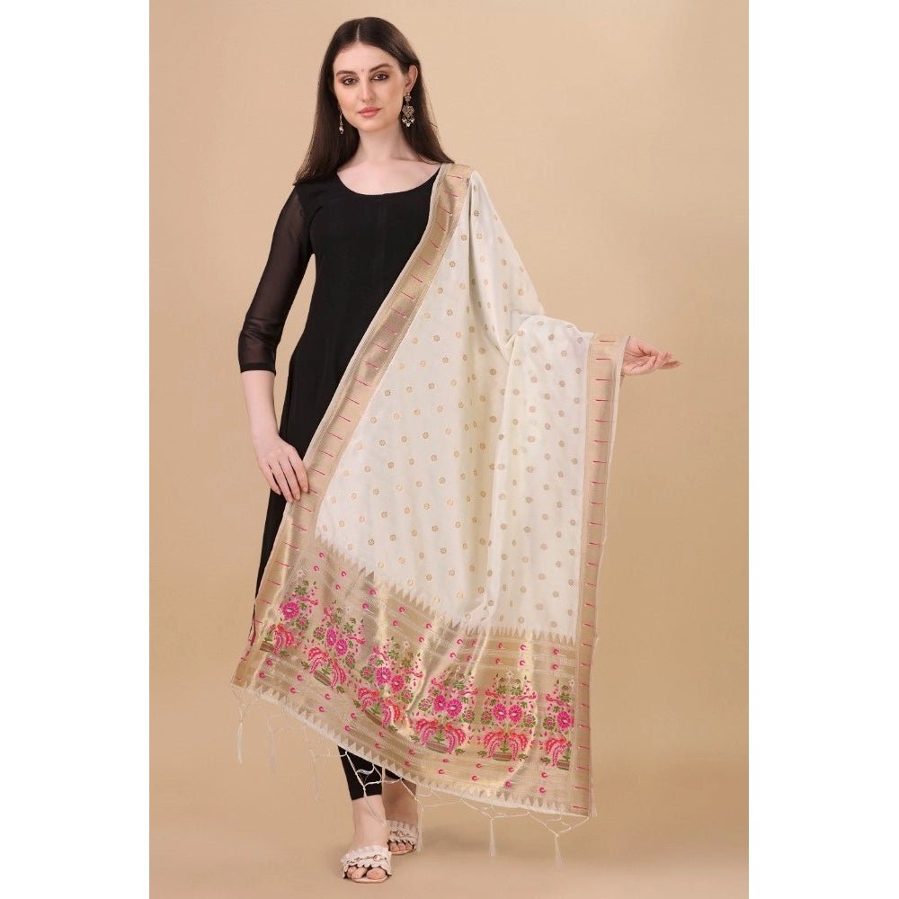 Women's Silk Pure Zari weaving Duppatta (White, Length: 2 - 2.3 Mtrs) - ElegantAlpha