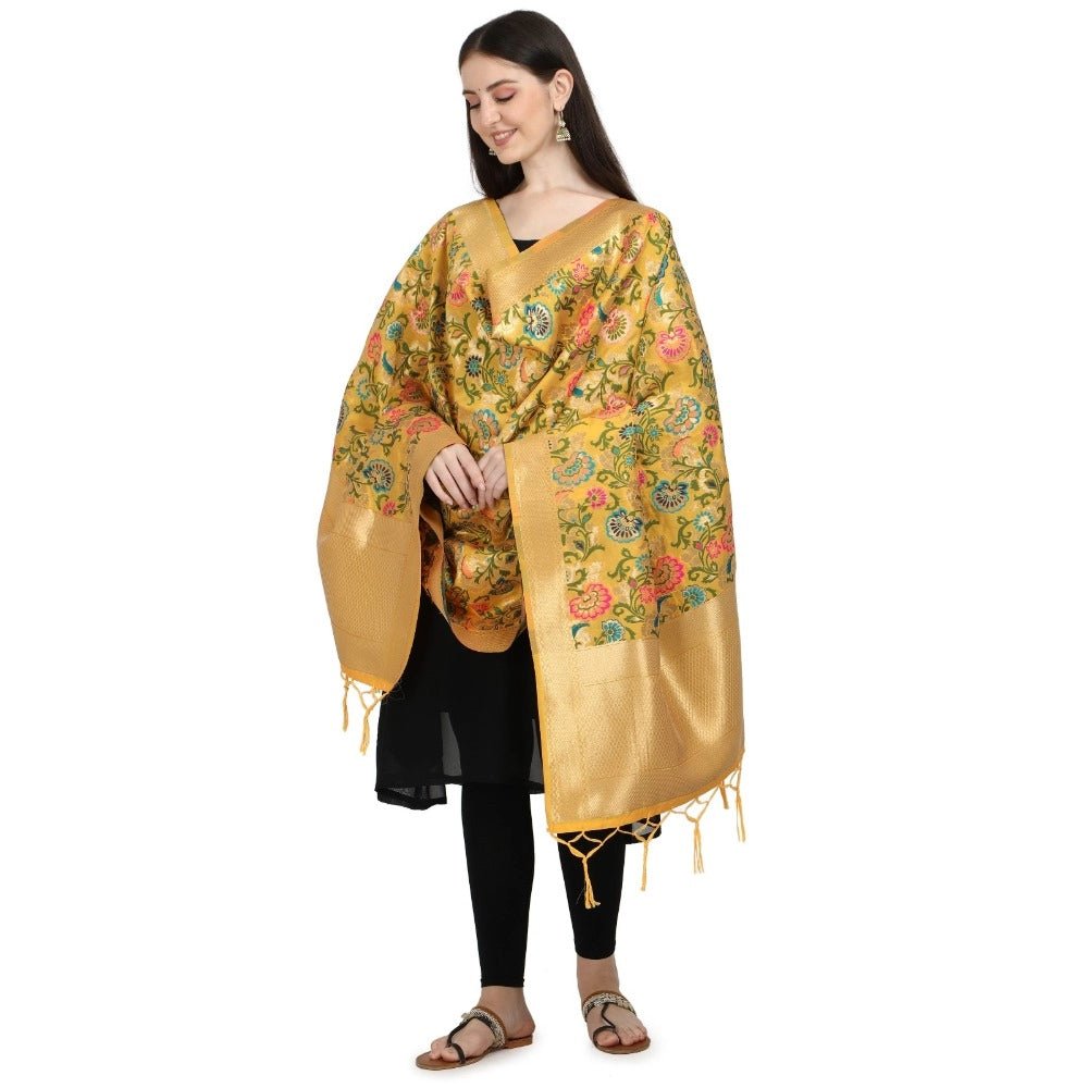 Women's Silk Pure Zari weaving Duppatta (Yellow, Length: 2 - 2.3 Mtrs) - ElegantAlpha