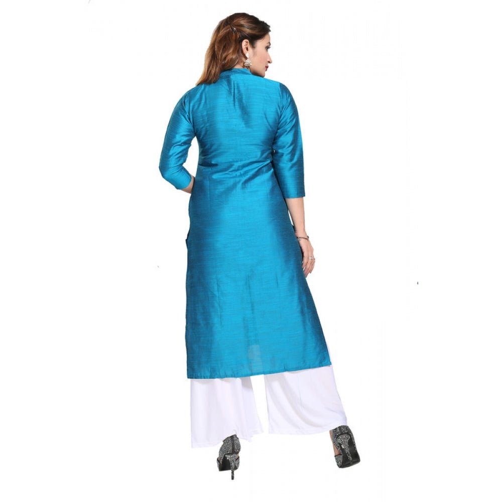 Women's Silk Self Pattern Straight Kurti - Blue - ElegantAlpha