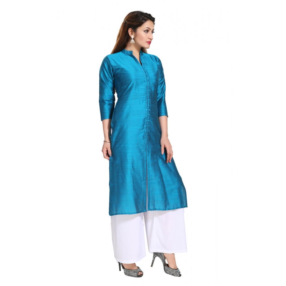 Women's Silk Self Pattern Straight Kurti - Blue - ElegantAlpha