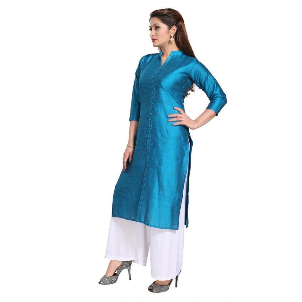 Women's Silk Self Pattern Straight Kurti - Blue - ElegantAlpha