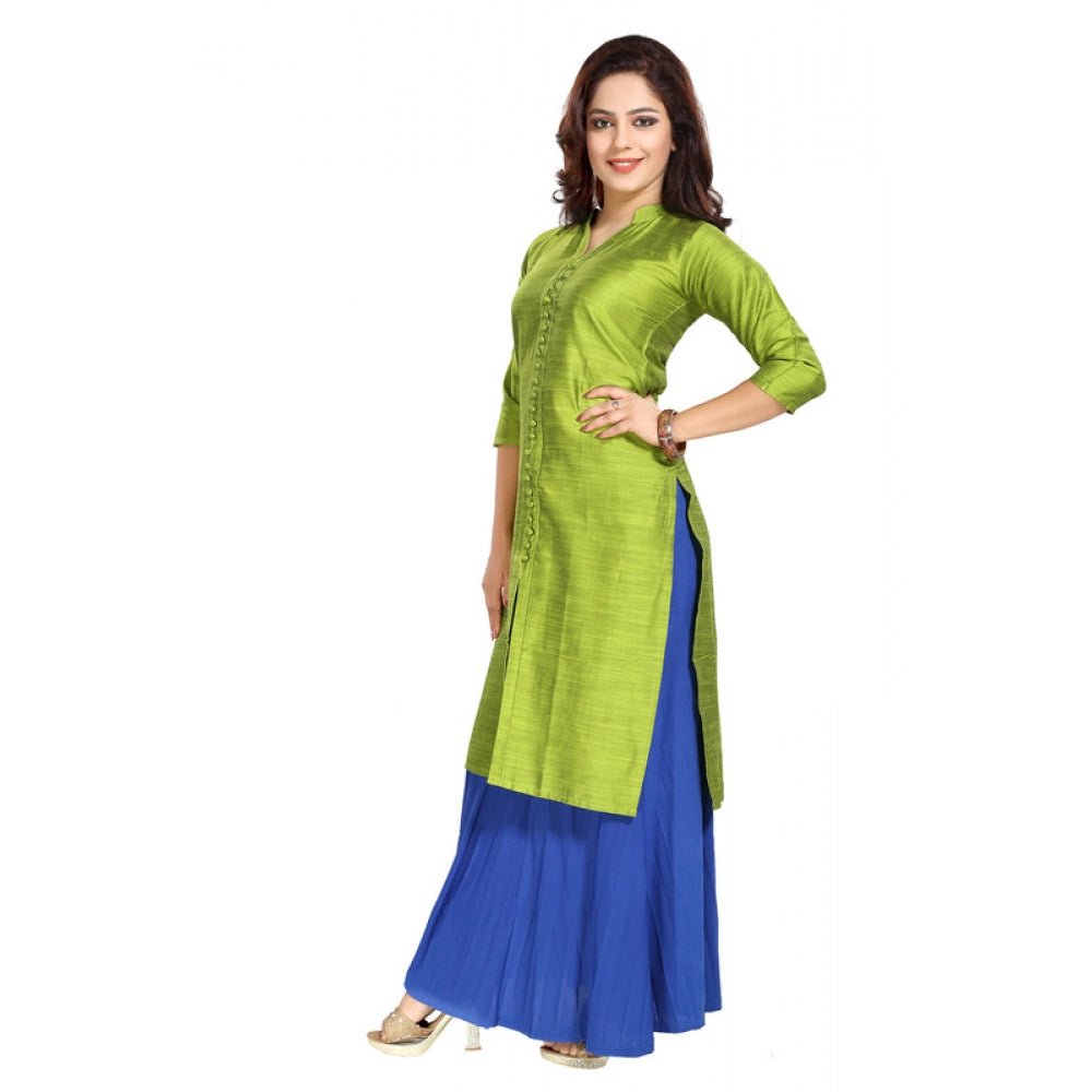 Women's Silk Self Pattern Straight Kurti - Green - ElegantAlpha