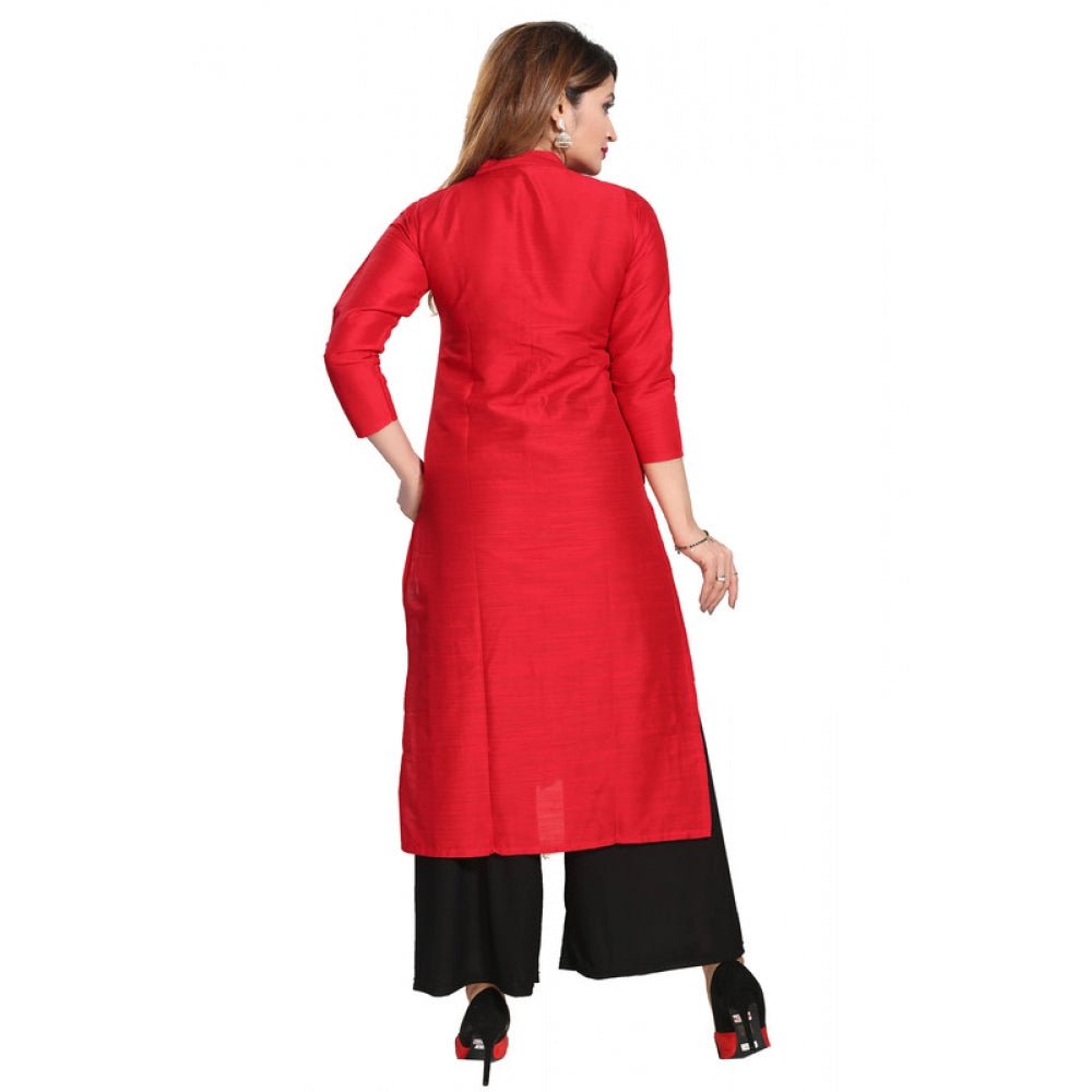 Women's Silk Self Pattern Straight Kurti - Red - ElegantAlpha