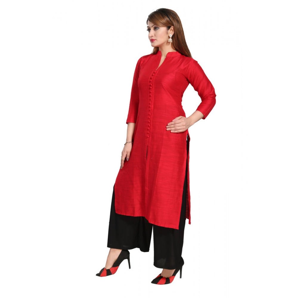 Women's Silk Self Pattern Straight Kurti - Red - ElegantAlpha