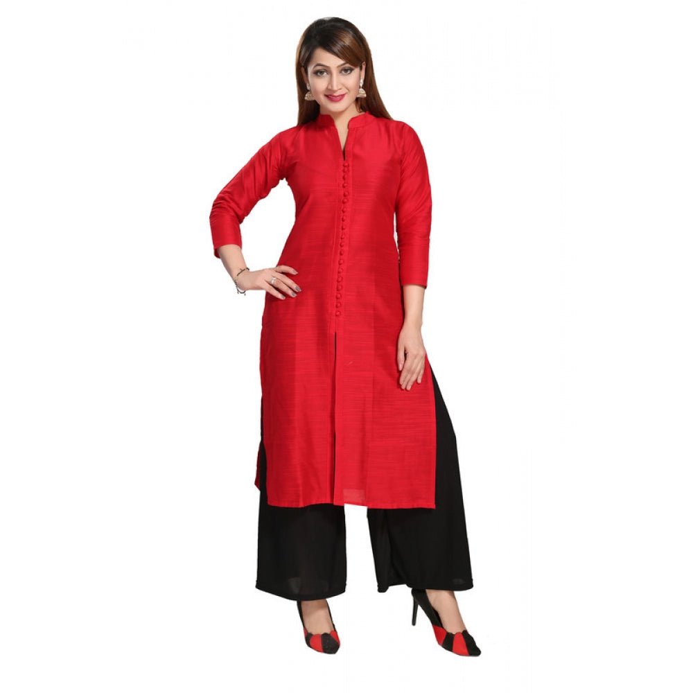 Women's Silk Self Pattern Straight Kurti - Red - ElegantAlpha