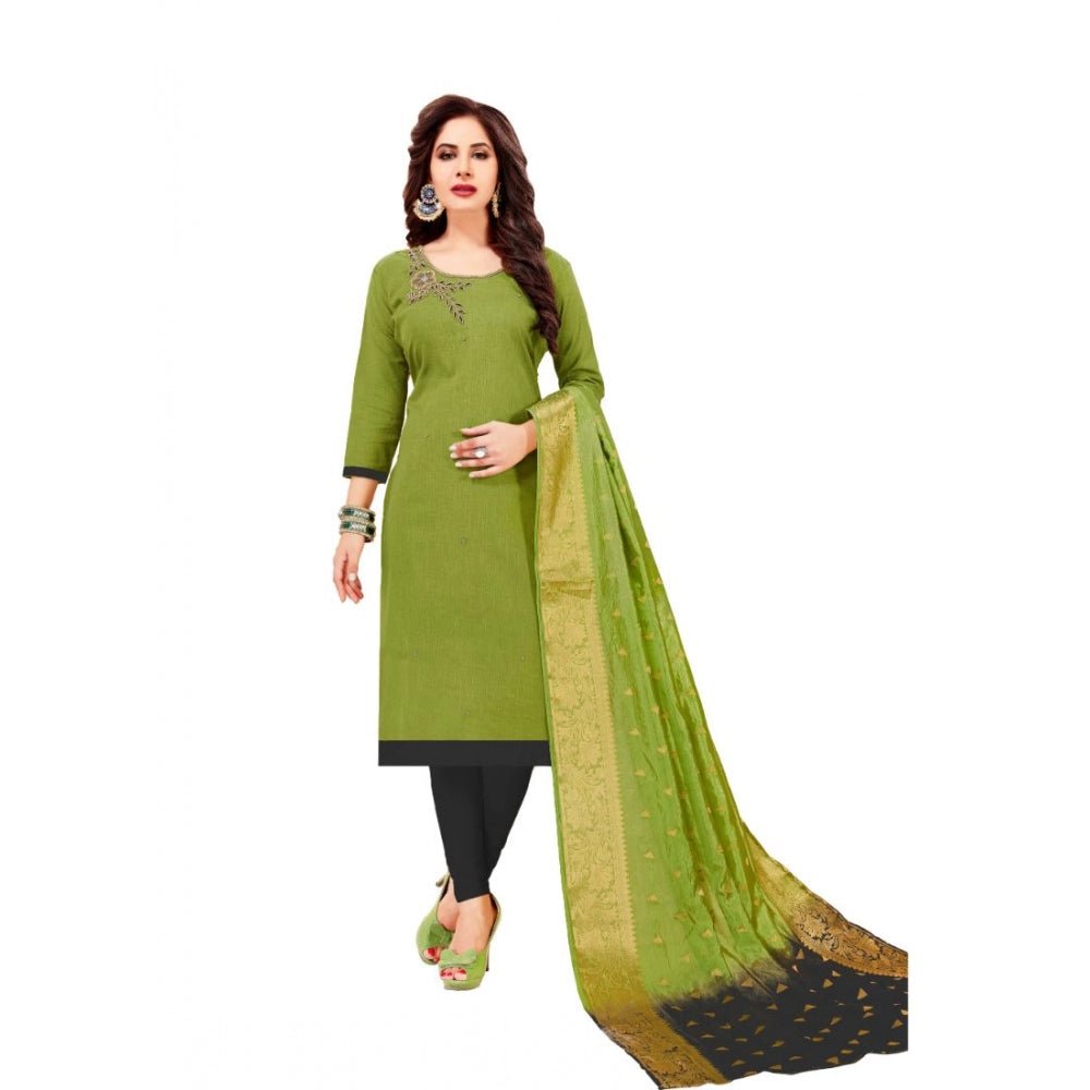 Women's Slub Cotton Unstitched Salwar - Suit Material With Dupatta (Green, 2 - 2.5mtrs) - ElegantAlpha